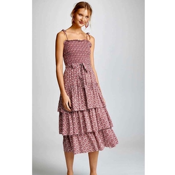 Tory Burch Dresses & Skirts - Tory Burch Wild Pansey Ruffle Tiered Floral Smocked Midi Dress Red Size Medium